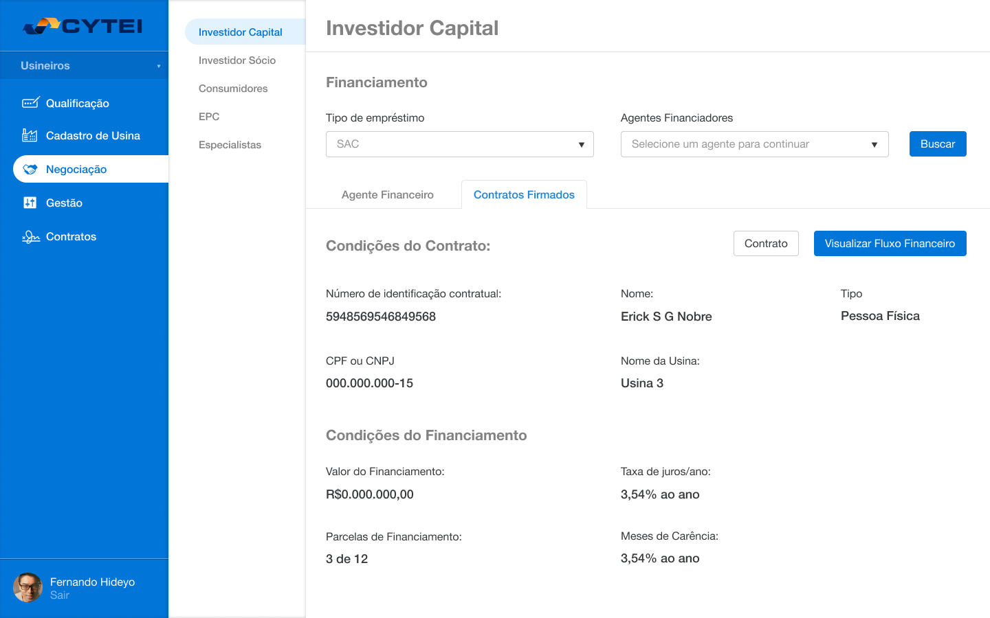 CYTEI: Painel de Negociação do Investidor Capital detalhando as condições do contrato de financiamento