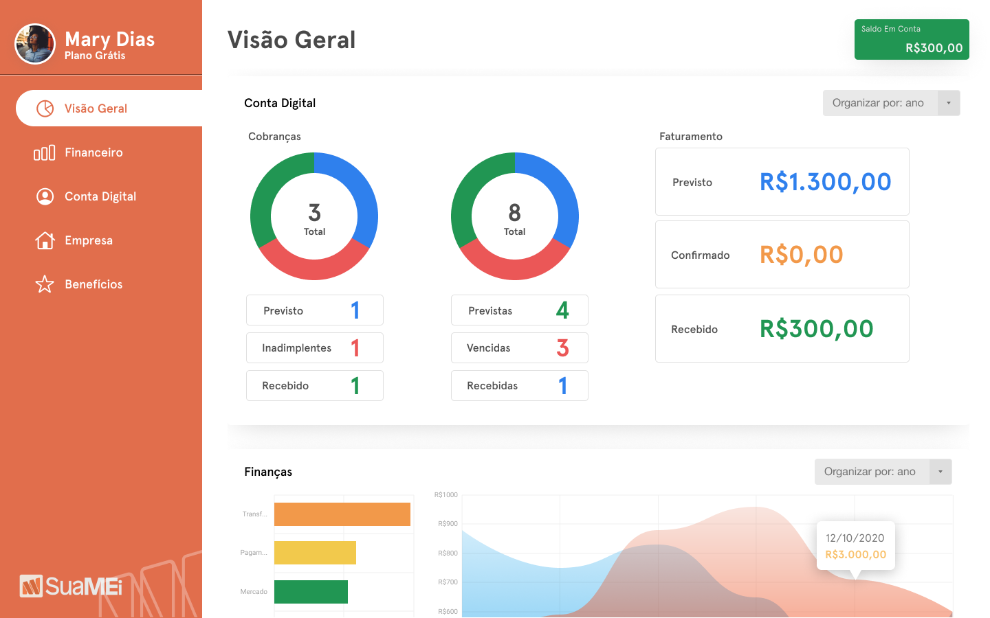 SuaMEI — dashboard de Visão Geral com indicadores financeiros