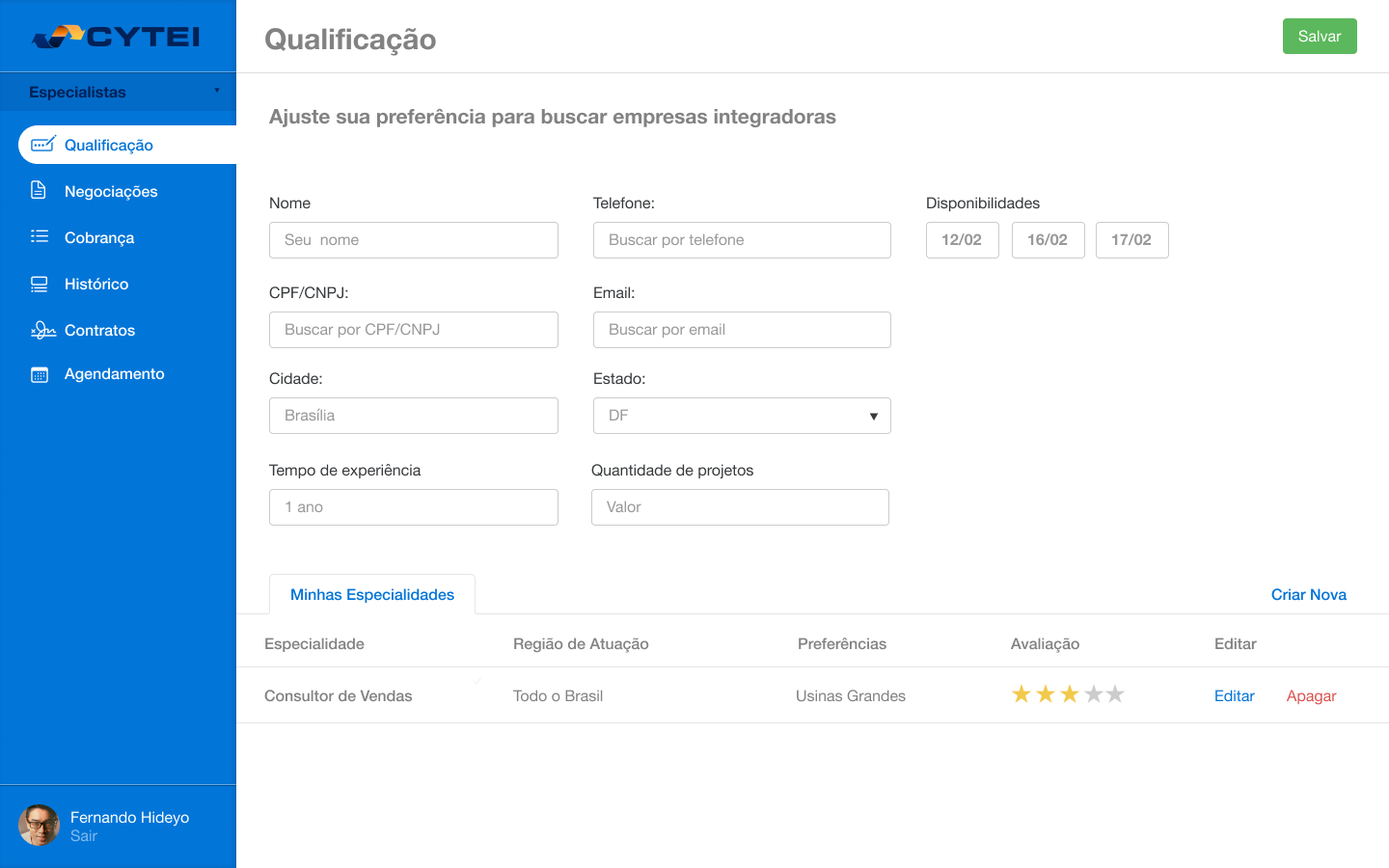 CYTEI: Edição de Perfil de Qualificação demonstrando inputs pré-populados e seleção rápida de datas