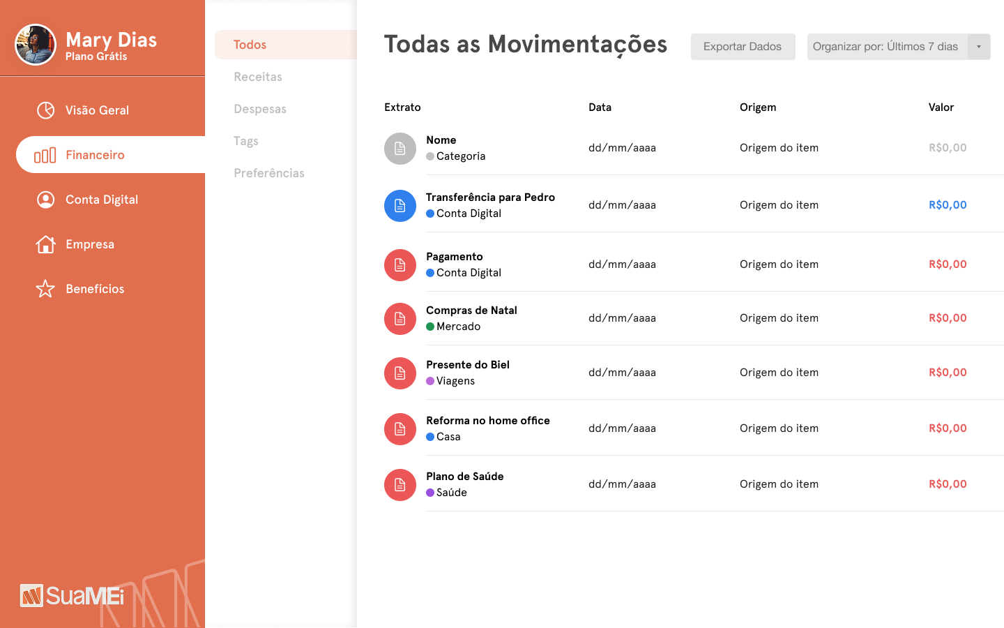 SuaMEI — módulo Financeiro com listagem de todas as movimentações, receitas e despesas