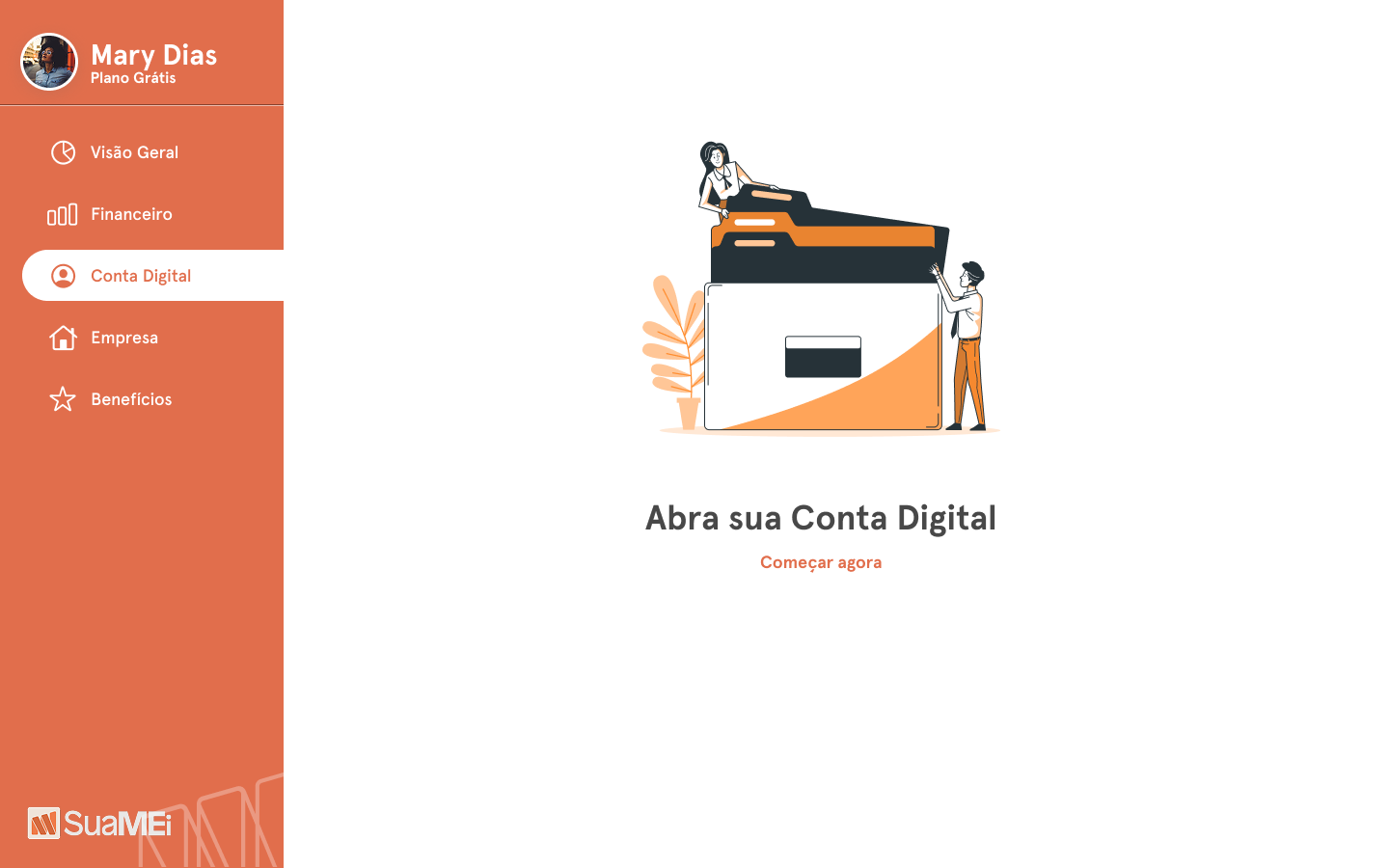 SuaMEI — estado vazio da Conta Digital com ilustração e CTA 'Abra sua Conta Digital'