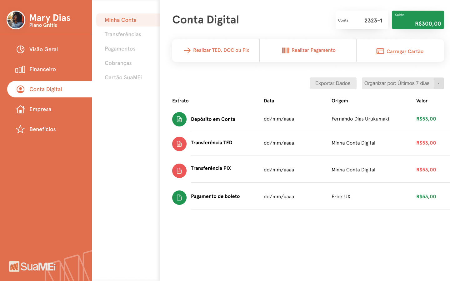 SuaMEI — Conta Digital com extrato de depósitos, transferências TED e PIX e pagamentos de boleto
