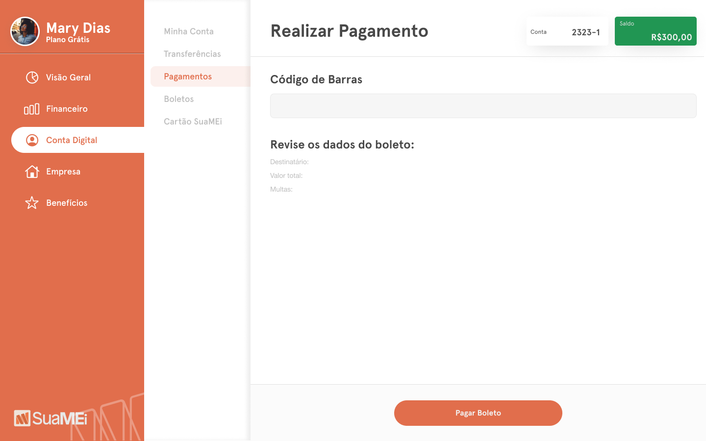 SuaMEI — fluxo de Realizar Pagamento com código de barras e revisão de dados do boleto