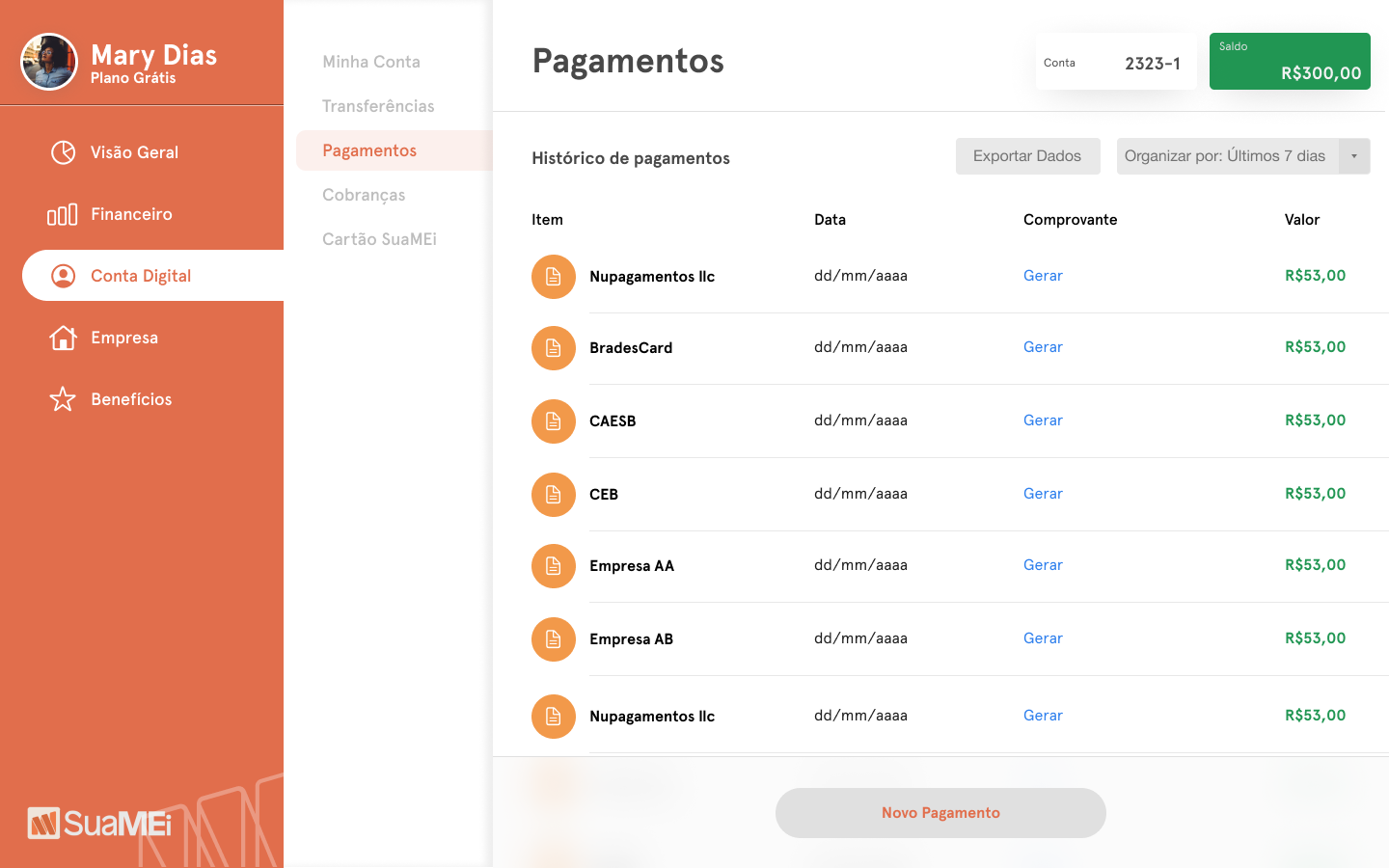 SuaMEI — sub-módulo de Pagamentos com histórico e comprovantes geráveis