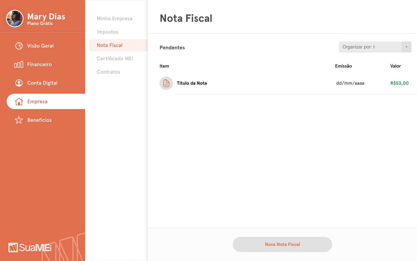 SuaMEI — Nota Fiscal com listagem de notas pendentes, data de emissão e valor