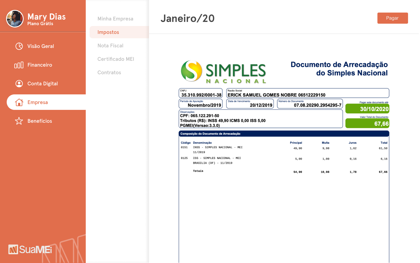 SuaMEI — tela de Impostos com DAS do Simples Nacional exibido inline com botão Pagar