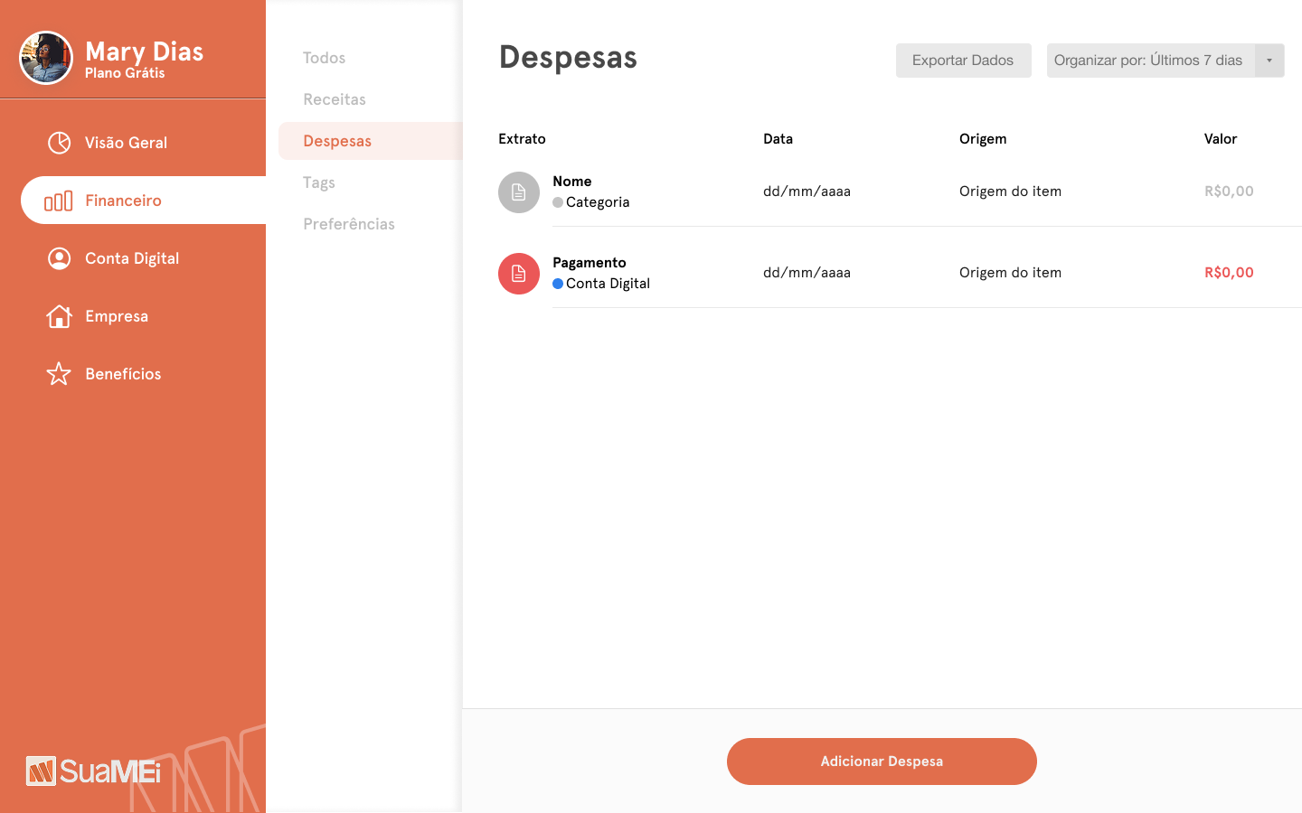 SuaMEI — sub-módulo de Despesas com histórico de saídas categorizadas