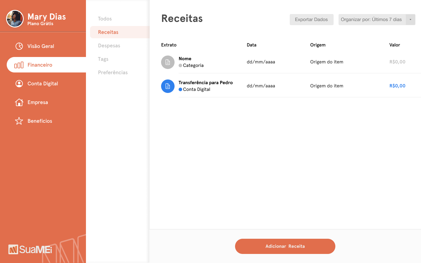 SuaMEI — sub-módulo de Receitas com extrato, data, origem e valor de cada entrada