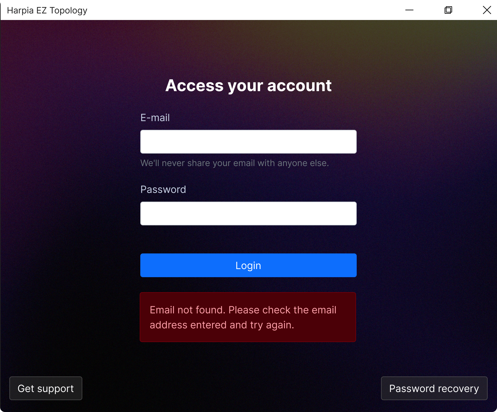 EZ Topology: tela de login com mesh gradient em roxo e azul escuro