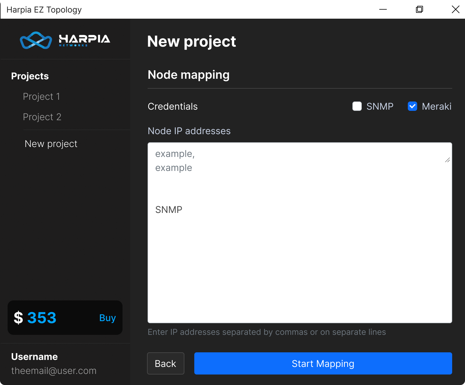 EZ Topology: área de mapeamento de nós com input de endereços IP