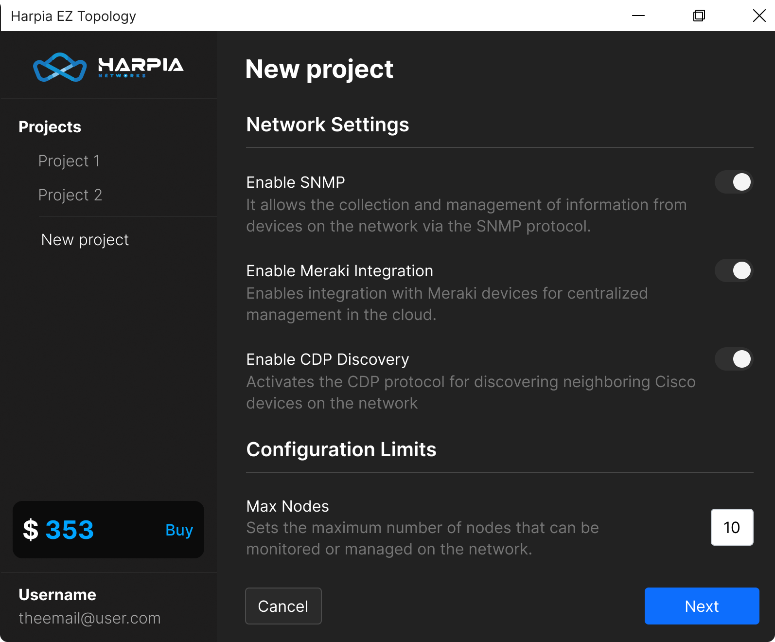 EZ Topology: configurações de novo projeto com toggles SNMP, Meraki e CDP