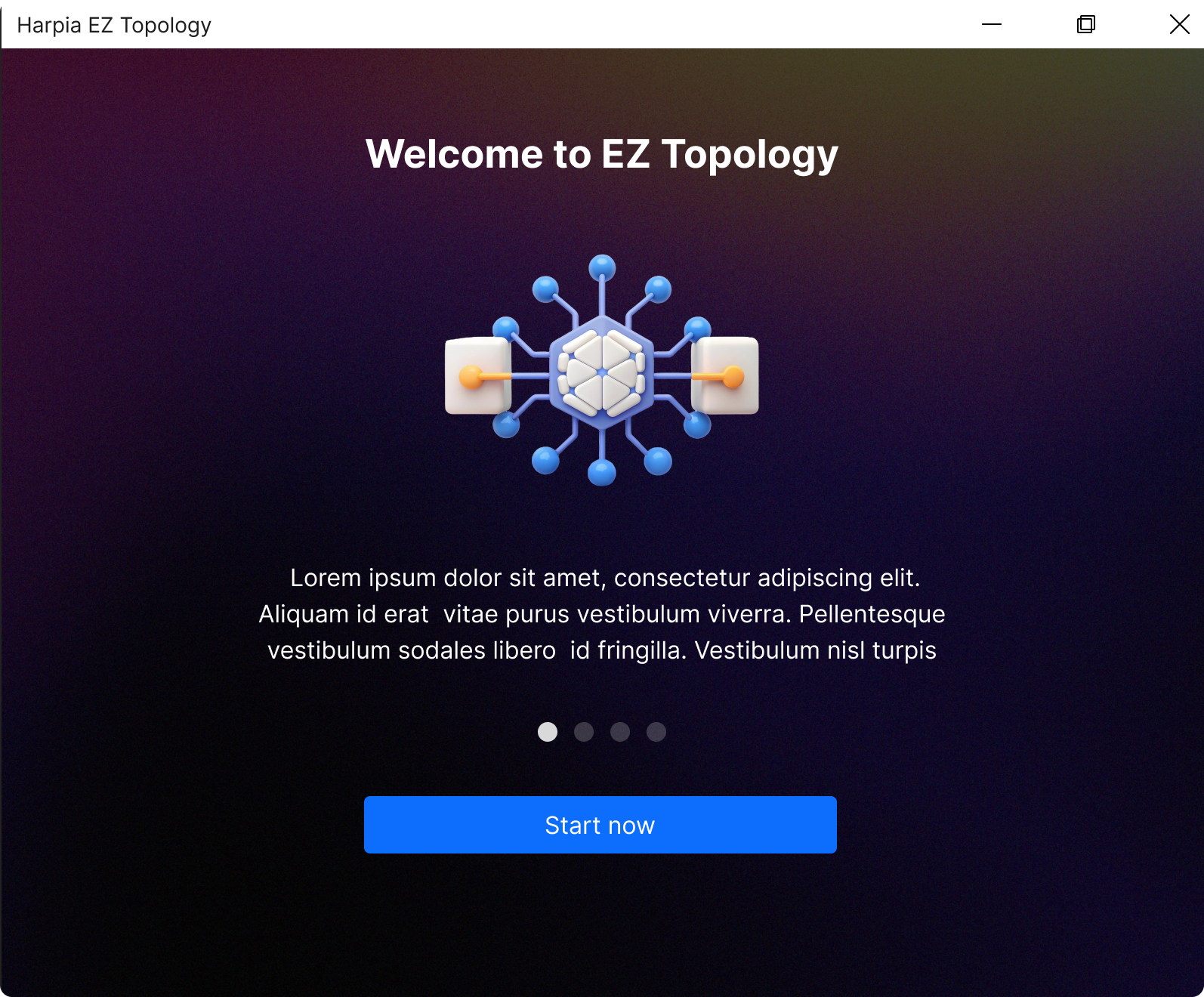 EZ Topology: tela de onboarding com ilustrações 3D e proposta de valor direta