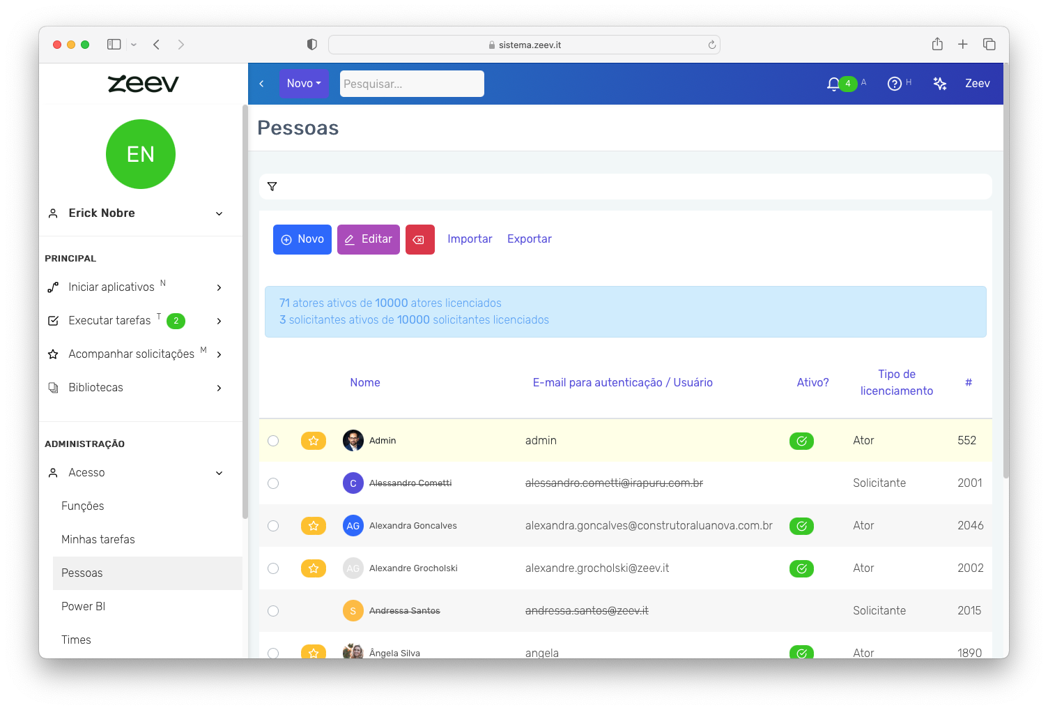 Captura de tela do sistema Zeev antes do processo de redesign